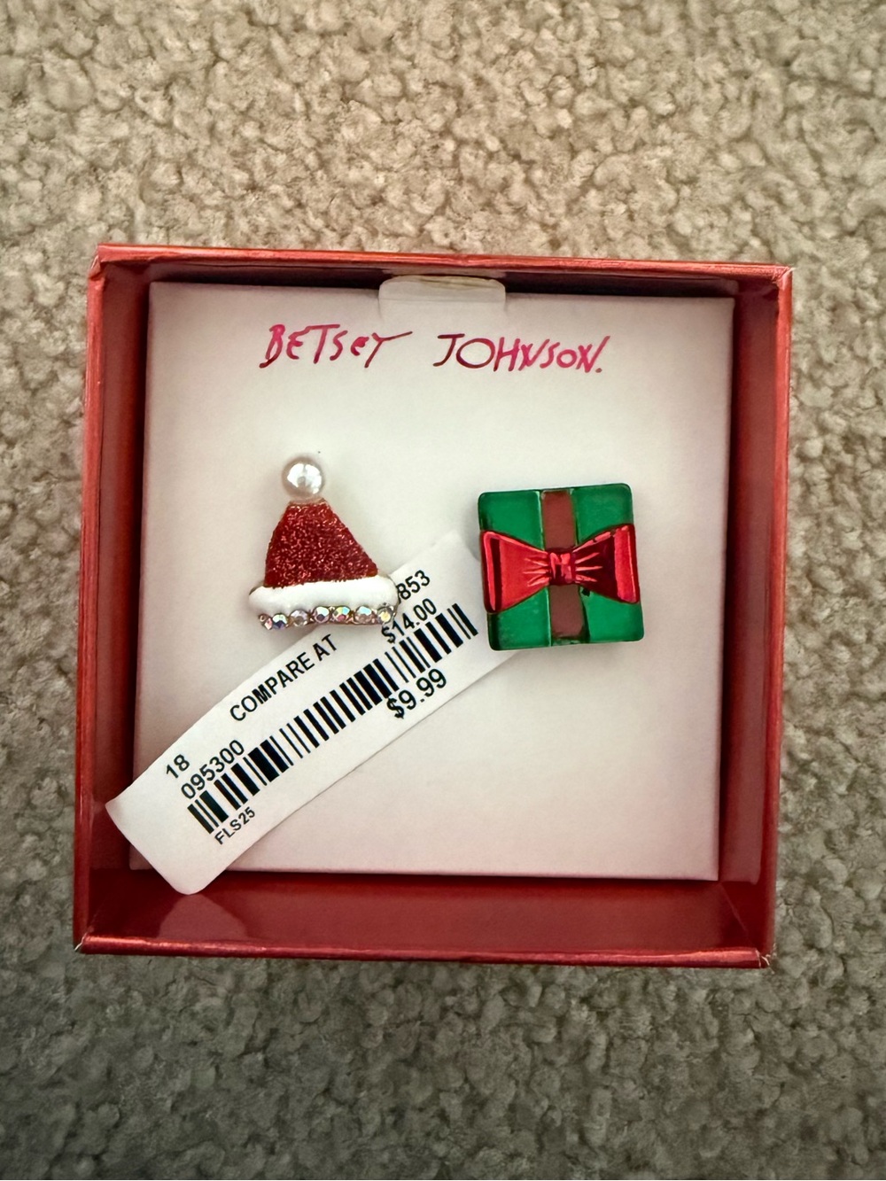 Betsey Johnson Red Santa Hat & Green Gift Stud Earrings